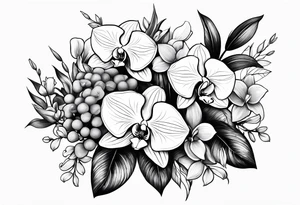 2 inch bouquet with hydrangeas and orchids tattoo idea