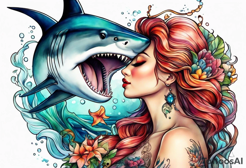 Mermaid kissing a shark tattoo idea