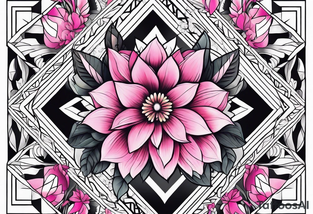 Pink flowers with geometric pattern tattoo idea