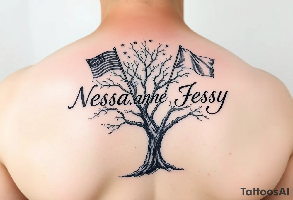 the name Nessa, Anne, Jessy in flags on a live tree tattoo idea