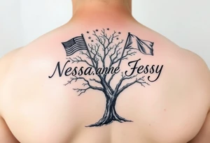 the name Nessa, Anne, Jessy in flags on a live tree tattoo idea