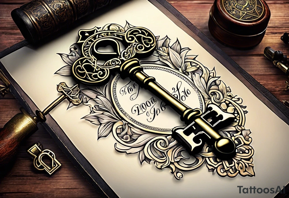 couple tattoo of an antique key with 2016 on it. the key should look it unlocks her matching antique locket with 1999 on it. tattoo idea