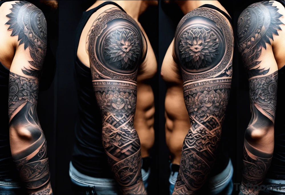 A full tattoo sleeve inspired by Greek mythology, designed with a dark and powerful aesthetic. The centerpiece is the Greek goddess Aphrodite, depicted with a strong yet ethereal presence, embodying both beauty and power. Surrounding her, intricate mandala patterns are woven into the design, adding a sense of balance and symmetry while maintaining a masculine edge. The shading throughout the sleeve is heavy and dramatic, creating deep contrasts and a sense of depth. Additional elements like laurel wreaths, classical columns, or stormy ocean waves intertwine with Aphrodite, symbolizing strength, endurance, and the untamed forces of nature. The overall design should be bold and intense, capturing the mythological grandeur in a way that resonates with a strong, masculine energy. tattoo idea