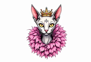 Glamorous sphinx cat with a pink feather boa and wearing a crown tattoo idea