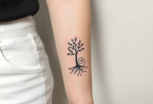 A tree with few leaves, with an outward spiral (moving to the right), as its roots, encircling the entire tree tattoo idea