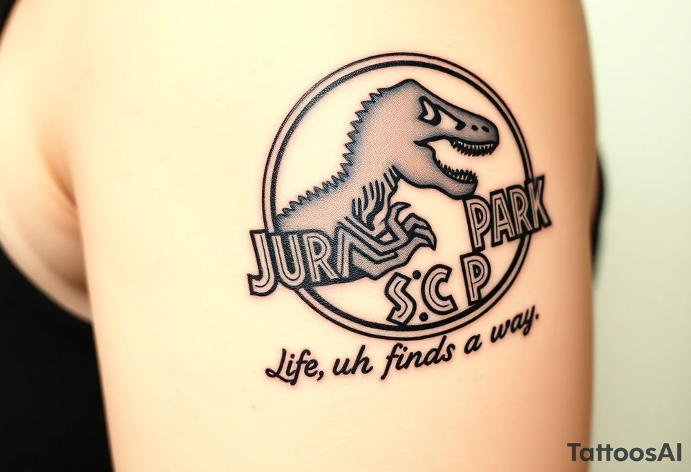 Jurassic Park logo with the dinosaur holding a big stick but with "Life, uh, finds a way" instead of the words "Jurassic Park" tattoo idea