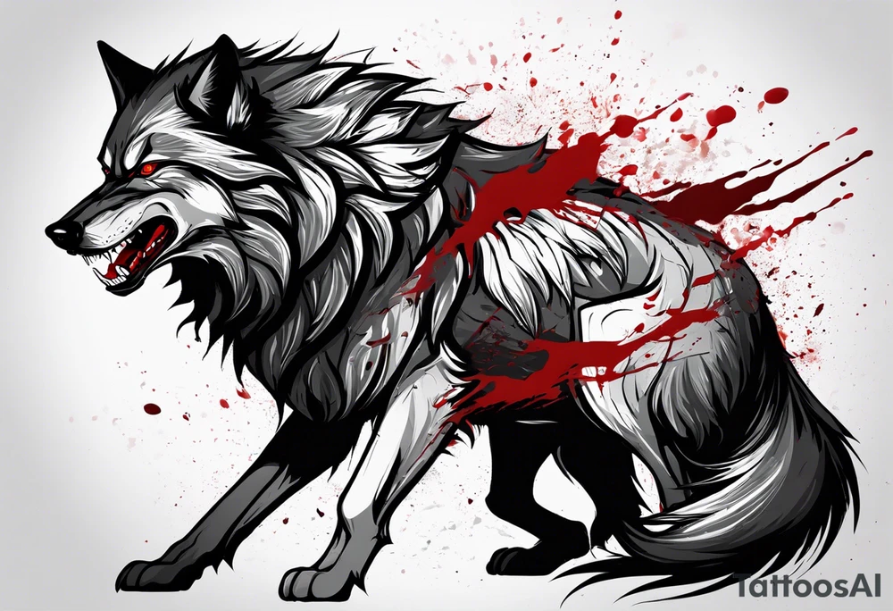 Create aggressive WOLF, with some blood coming out of his mouth and saliva. BLOOD IN THE BACKGROUND. Make it a drawing and use the image of reference. I am going to add. I want HIM TO BE ANGRY WITH RED EYES use VICIOUS WOLF THATS ANGRY tattoo idea