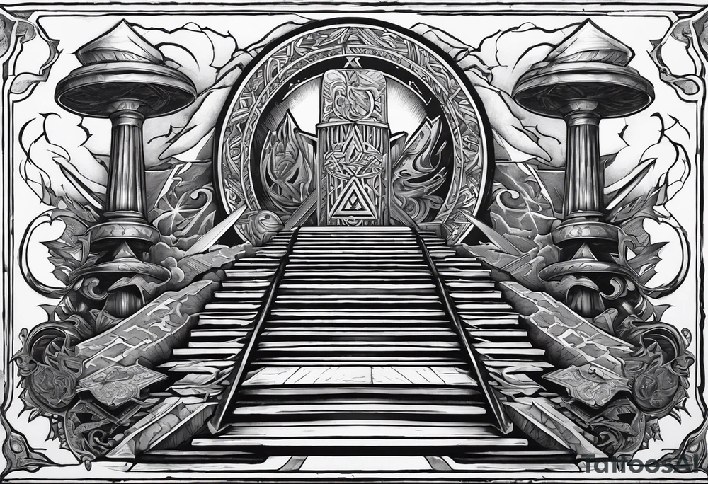 Valhalla stairs 
Valhalla stairs sword shield  axe 
Valknut  ruins lightnings tattoo idea