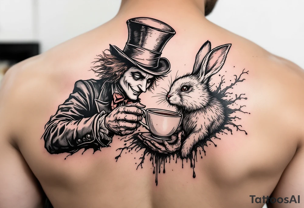 The mad hatter pouring a cup of 
tea into the white rabbits open brain tattoo idea