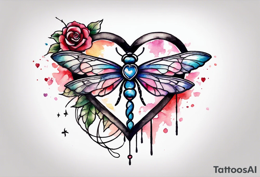 Watercolor tattoo of heart with big cross going through the heart. Small Dragonfly flying on side with dreamcatcher tattoo idea