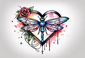 Watercolor tattoo of heart with big cross going through the heart. Small Dragonfly flying on side with dreamcatcher tattoo idea
