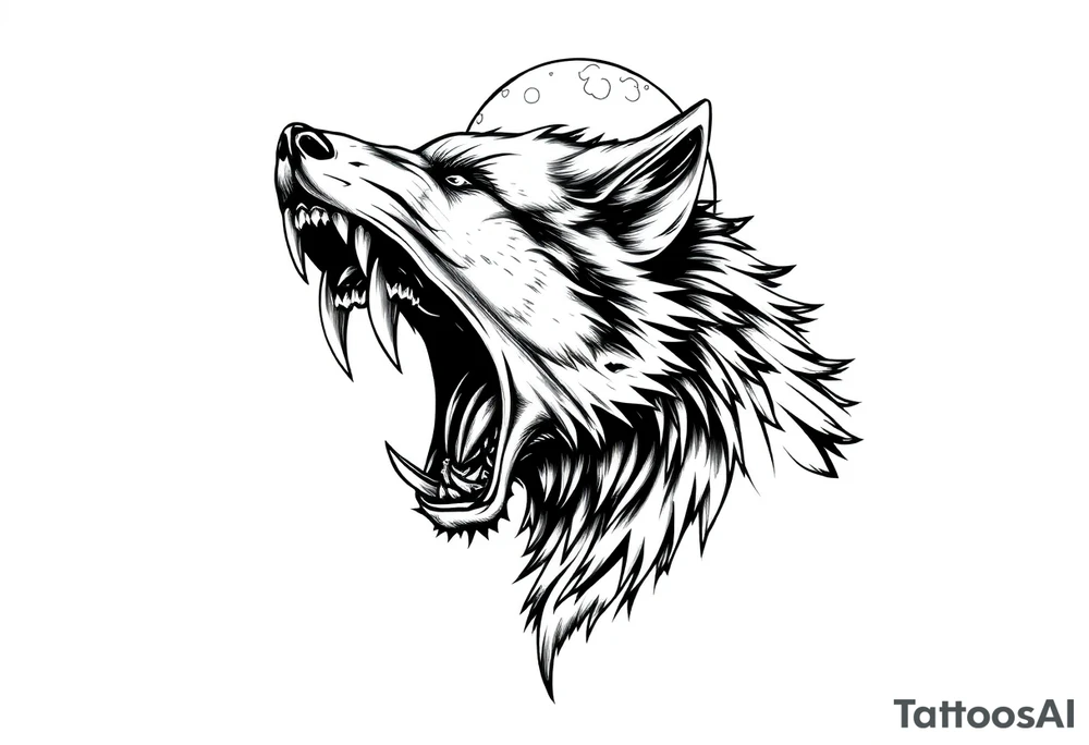 Fierce werewolf snarling, sharp teeth, moon cresting over shoulder. tattoo idea