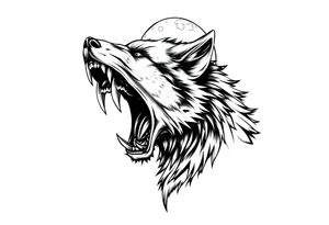 Fierce werewolf snarling, sharp teeth, moon cresting over shoulder. tattoo idea
