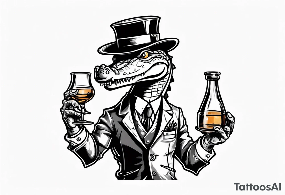 A cute cartoon crocodile, stading up and well dressed, holding a glass of whisky and crying tattoo idea
