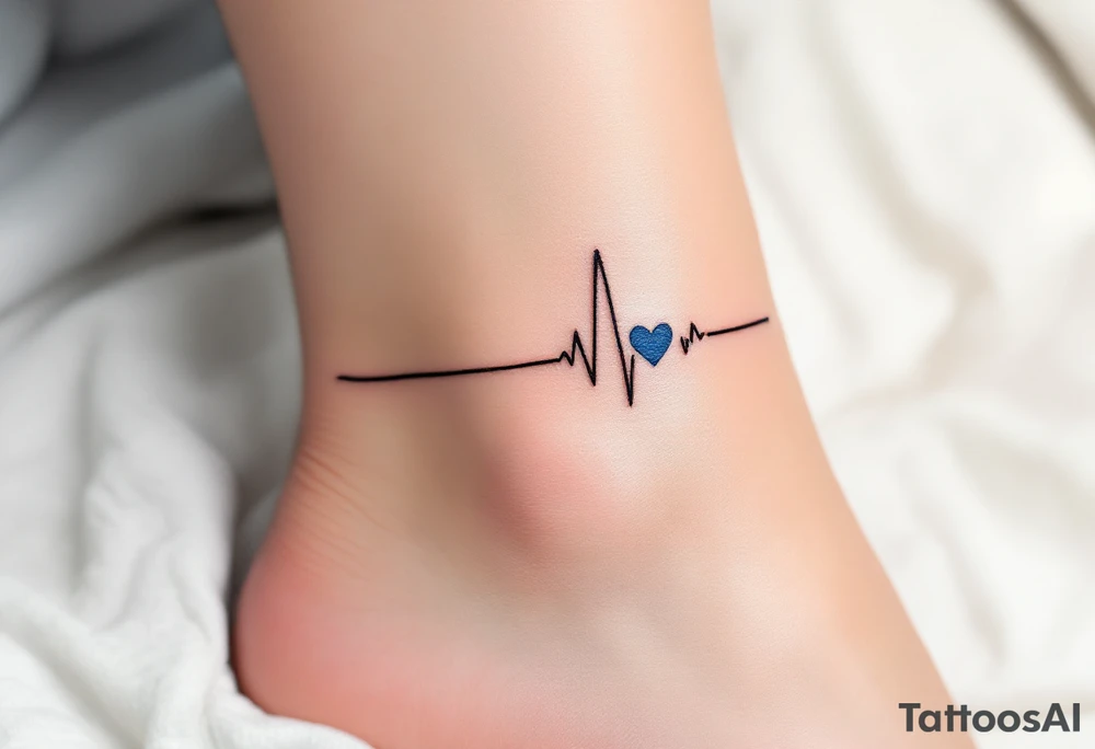 A subtle black EKG line wrapping around the ankle, punctuated by a small, blue heart. tattoo idea
