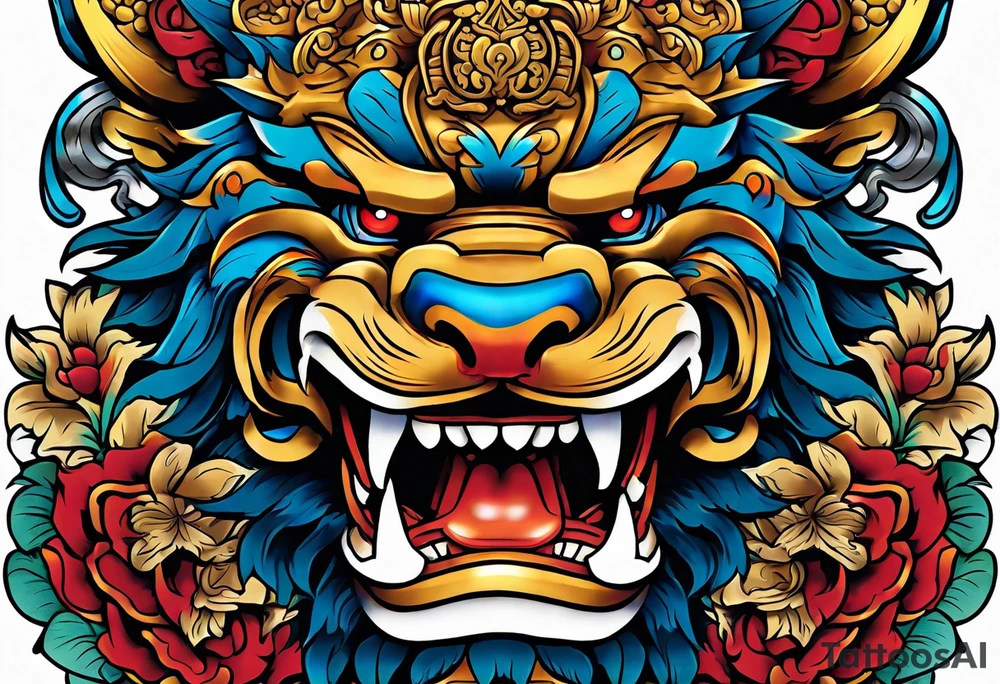 Two Traditional full body, Okinawa shisa on either side of chest pectoral. Orginal color tattoo idea