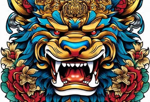 Two Traditional full body, Okinawa shisa on either side of chest pectoral. Orginal color tattoo idea