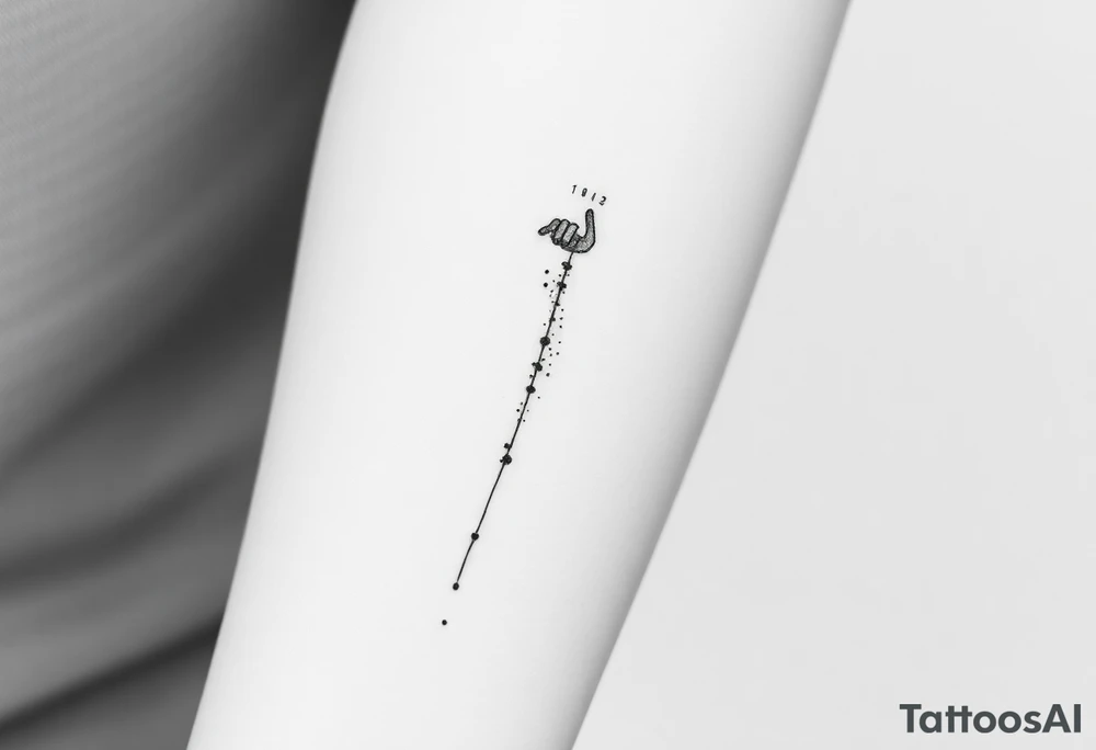 Minimalist black-ink forearm tattoo honoring a father and the continuation of his legacy. Central design: a single, rising abstract line or path starting faint and fragmented at the bottom (symbolizing the father’s unfinished work) and growing solid and strong as it rises (representing the son carrying the legacy forward). Along the path, include fine particle-like lines or dots flowing upward, symbolizing the father’s presence and guidance cheering the son on. Subtly integrate an abstract outline of the father’s figure or hand at the top, ethereal and minimal, watching proudly over the path. Include the Roman numerals or small elegant text: “VI·IV·MMXXIII” to mark April 6, 2023, and optionally the phrase “Building what he couldn’t” integrated along the line. Style: clean, minimalistic, fine-line black ink only, simple but meaningful, vertical forearm layout, emphasizing legacy, guidance, and emotional depth. tattoo idea