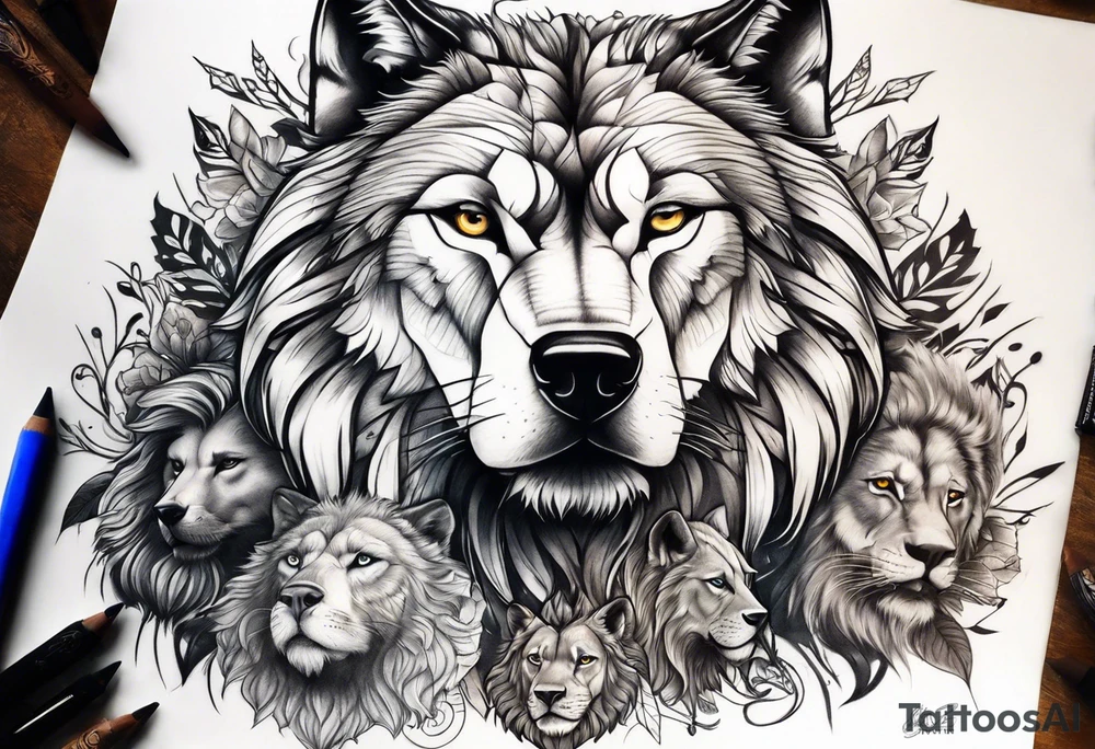 A powerful wolf with lions main tattoo idea