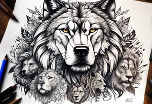 A powerful wolf with lions main tattoo idea
