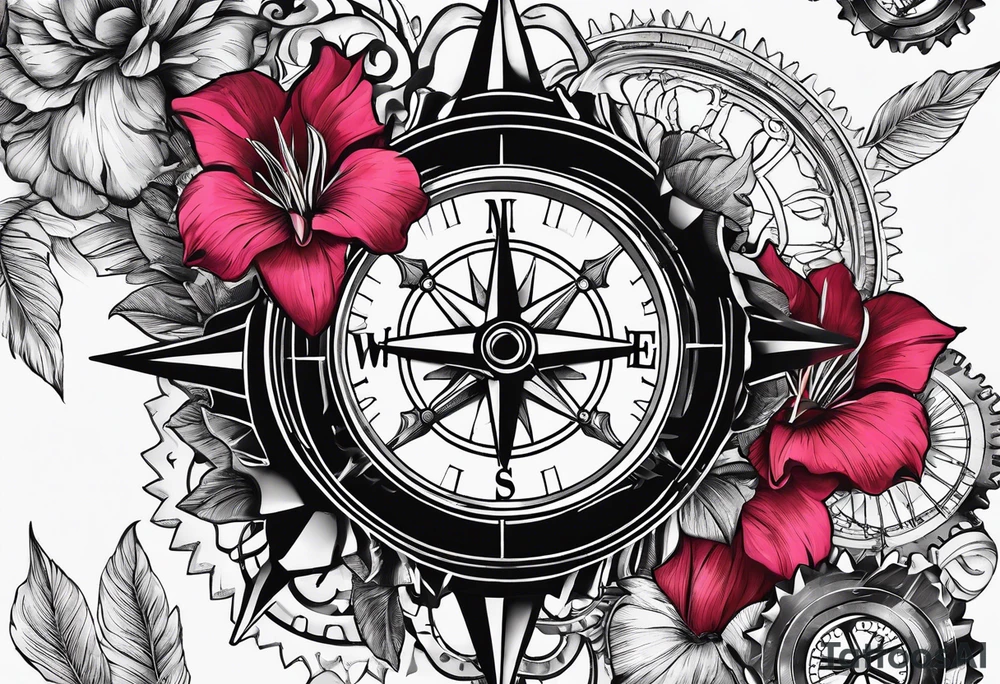 A Vintage compass and steampunk gears with gladiolus. tattoo idea