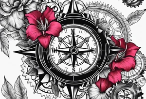 A Vintage compass and steampunk gears with gladiolus. tattoo idea