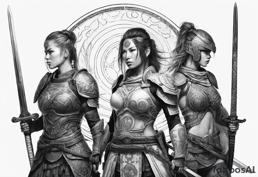 3 female warriors in full body armor wielding dual swords, you can only see their backs, in front of a incomplete enso circle tattoo idea