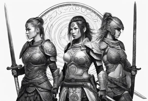 3 female warriors in full body armor wielding dual swords, you can only see their backs, in front of a incomplete enso circle tattoo idea