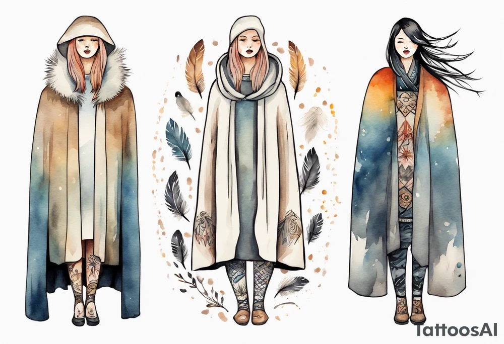 a solitary Scandinavian woman with a feathered cloak tattoo idea
