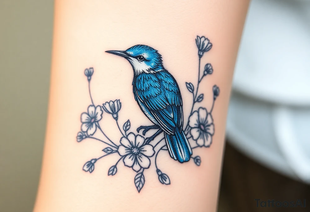 powerful majestic bluebird surrounded by wild flowers tattoo idea