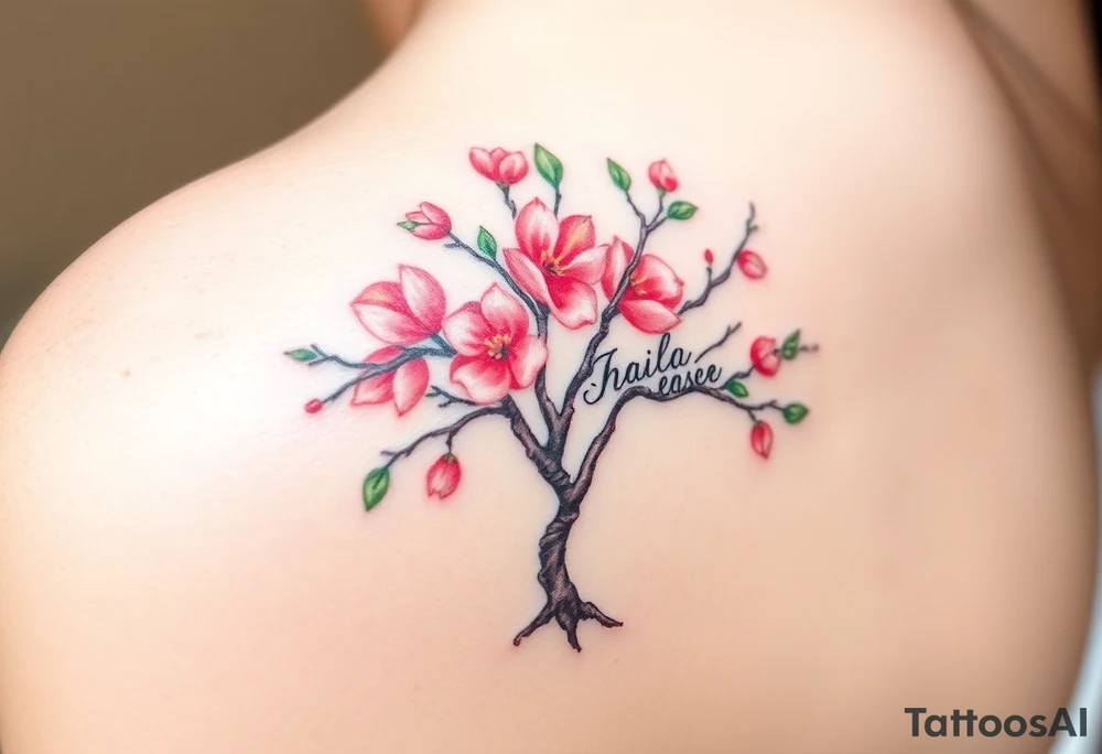 Peach tree with names scripted branches tattoo idea