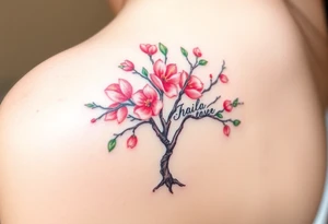 Peach tree with names scripted branches tattoo idea