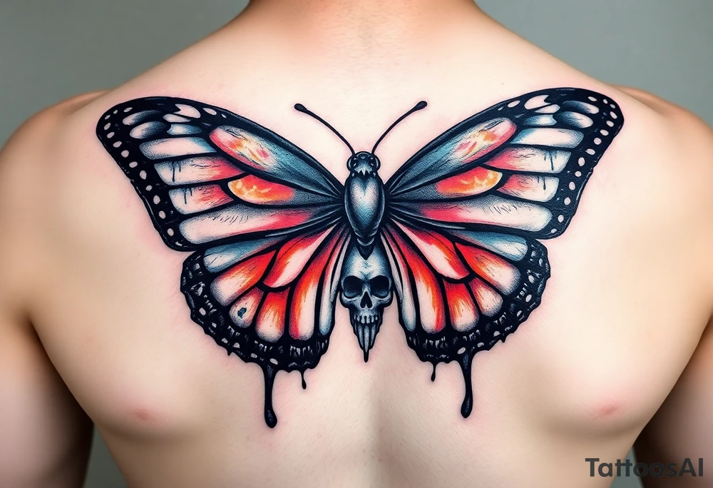 powerful majestic and dark monarch butterfly with skull detail in the wings
hidden skulls in wings, skull detail making the body of the butterfly with a horror style dripping effect, including blue, red and white colouring tattoo idea