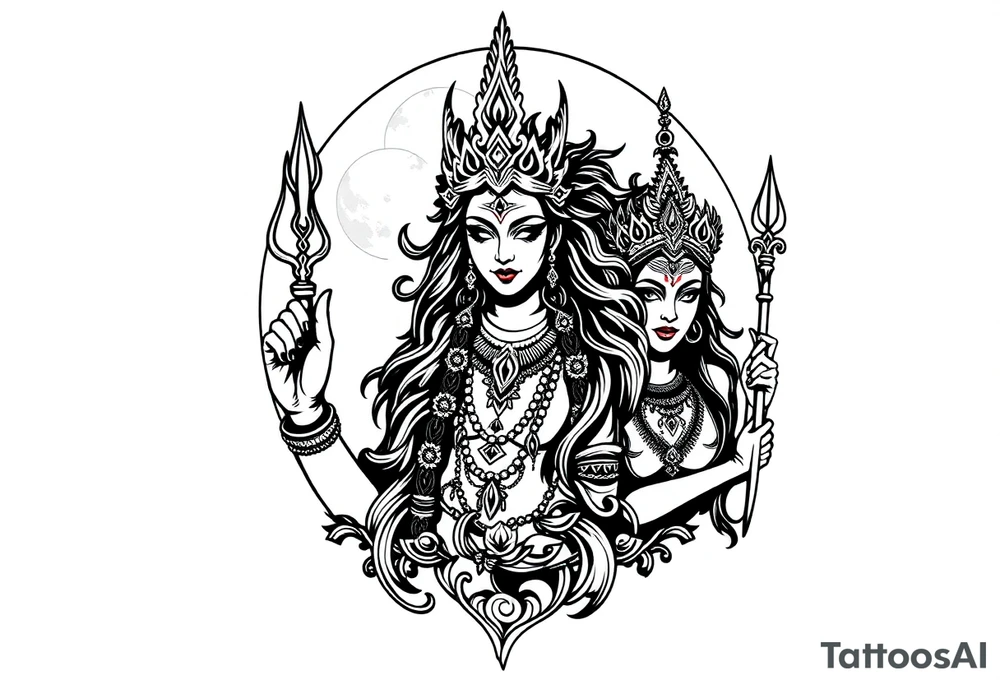 Lord Shiva, Godess Kali, Godess Lilith with the moon phases in the background tattoo idea