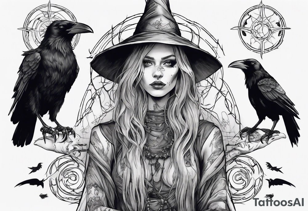 a norse witch with ravens in black and white tattoo idea