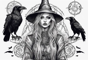 a norse witch with ravens in black and white tattoo idea
