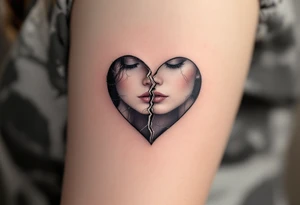 A heart-shaped mirror, cracked in the center, reflecting distorted memories of love in grayscale tones. tattoo idea