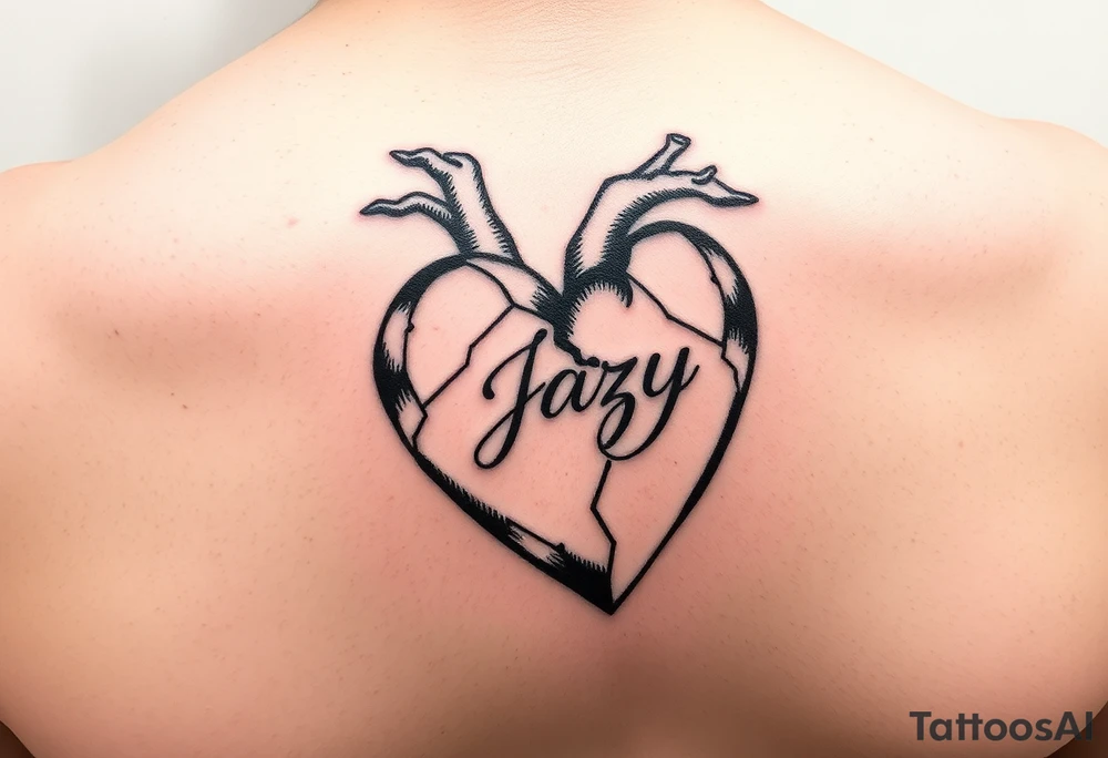 upper arm tattoo -broken heart of a deceased best friend with the name Jazy incorporated tattoo idea