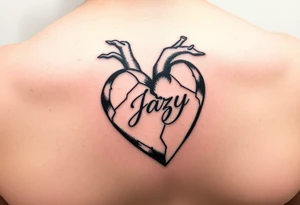 upper arm tattoo -broken heart of a deceased best friend with the name Jazy incorporated tattoo idea