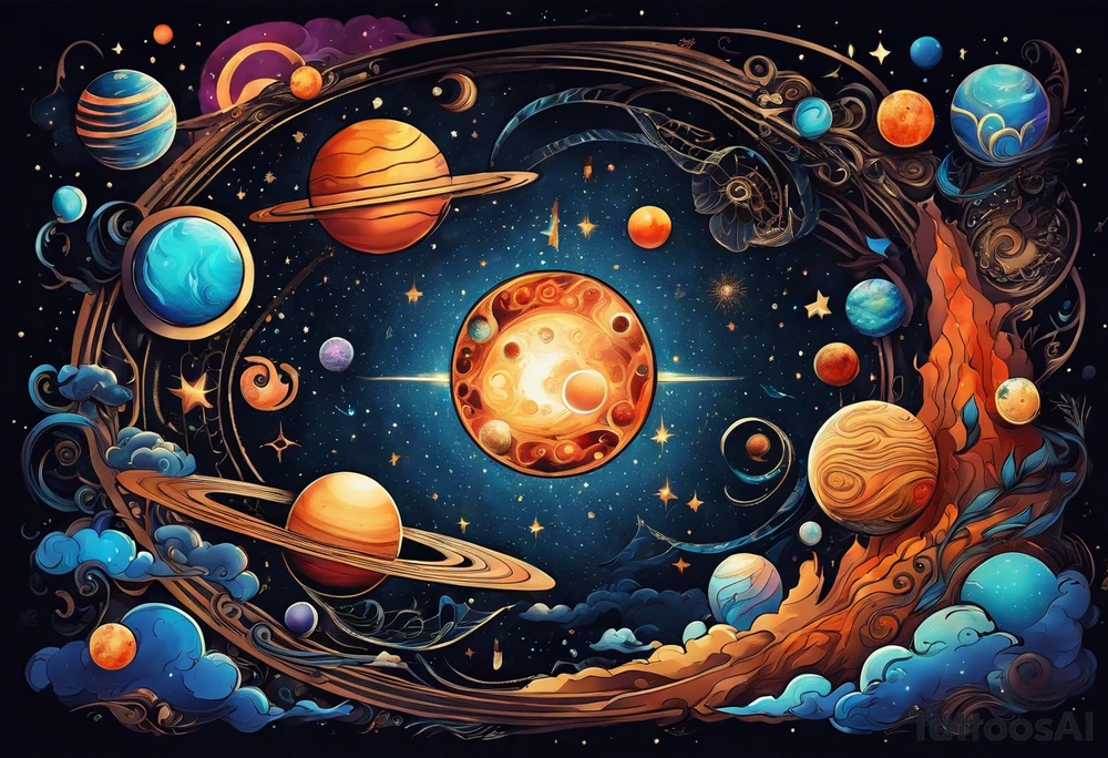 A tattoo featuring a cosmic scene with planets, black holes, and supernovae intertwined with intricate linguistic symbols, reflecting the client's interests in cosmology and linguistics. tattoo idea