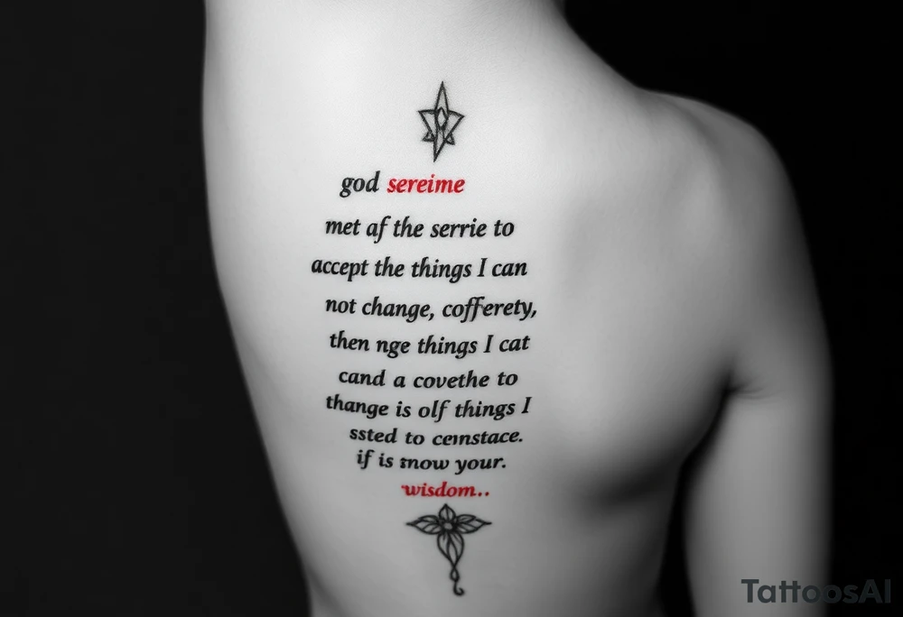 Generate a leg tattoo going vertically down a women’s leg all the way down saying “god grant me the serenity to  accept the things I can not change courage to change the things I can and the wisdom to know the difference” put god , serenity , courage, and wisdom in red tattoo idea