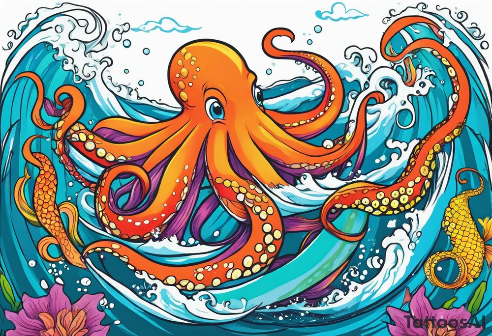 Giant octopus and mermaid frolicking in the sea tattoo idea