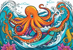 Giant octopus and mermaid frolicking in the sea tattoo idea