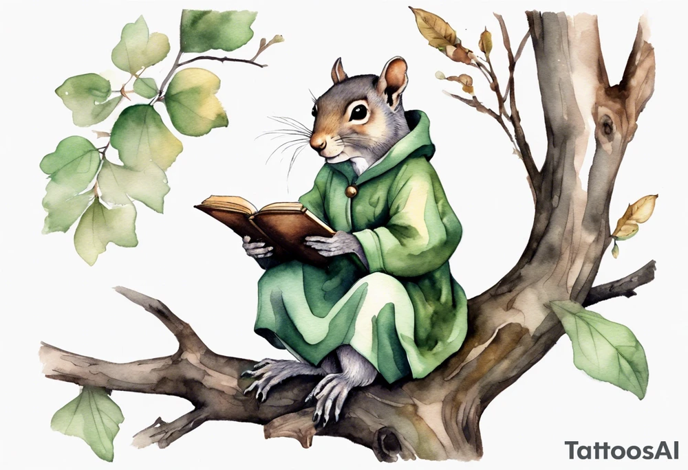 a solitary female grey squirrel dressed in a grey and green tunic sitting on a tree branch reading an ancient tome tattoo idea