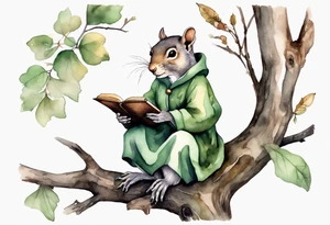 a solitary female grey squirrel dressed in a grey and green tunic sitting on a tree branch reading an ancient tome tattoo idea