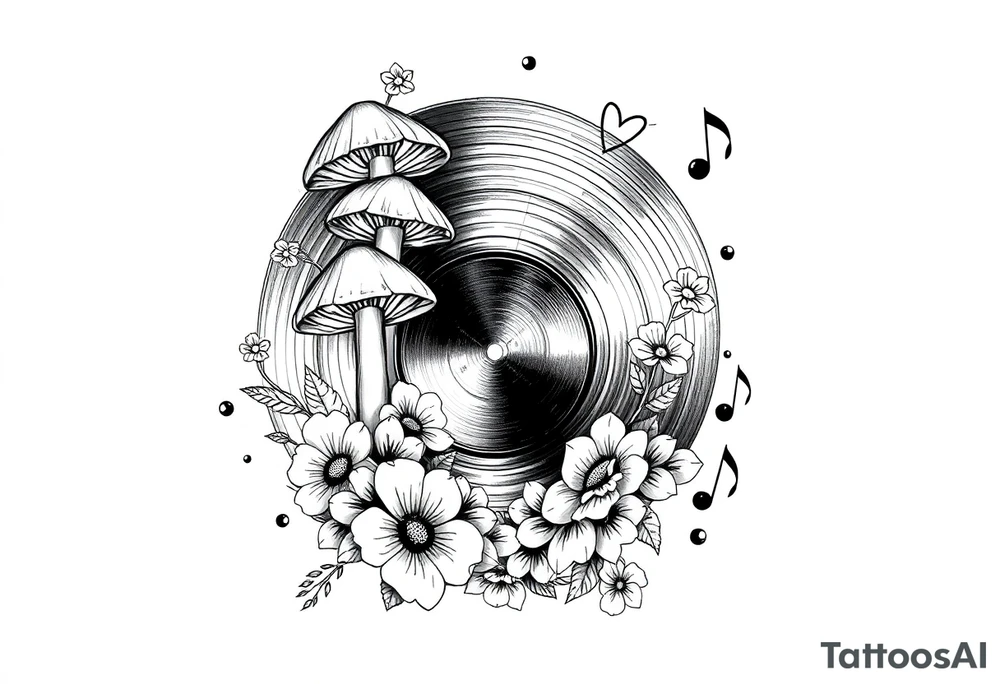 vinyl record with mushrooms, flowers, hearts, and music notes tattoo idea