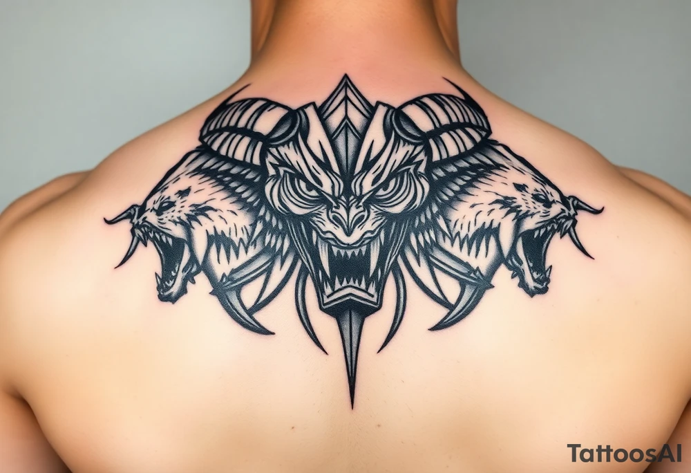 powerful majestic giant with a alien eyes and teeth like a sabertooth with horns like surrounded by vicious animals but not from earth and maybe needs some blood tattoo idea