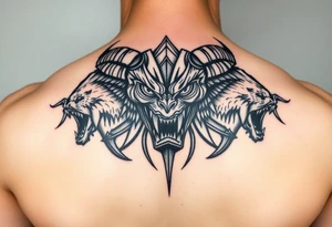 powerful majestic giant with a alien eyes and teeth like a sabertooth with horns like surrounded by vicious animals but not from earth and maybe needs some blood tattoo idea