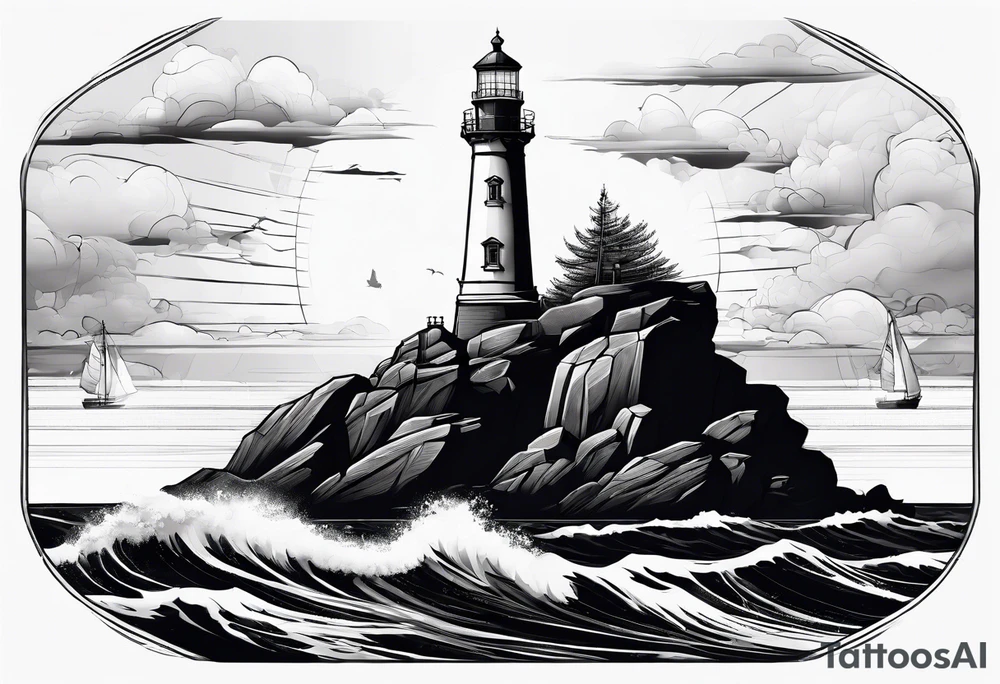 maritime lighthouse partially hidden by its  large fixed sails. tattoo idea