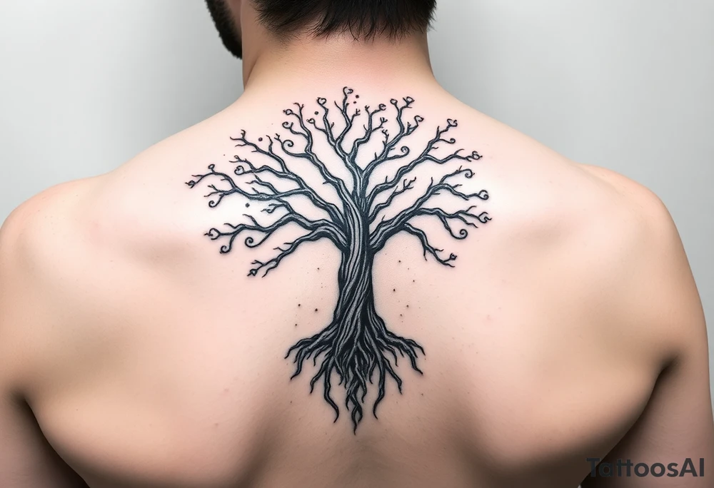 mystical tree of life with cosmic roots and celestial branches tattoo idea